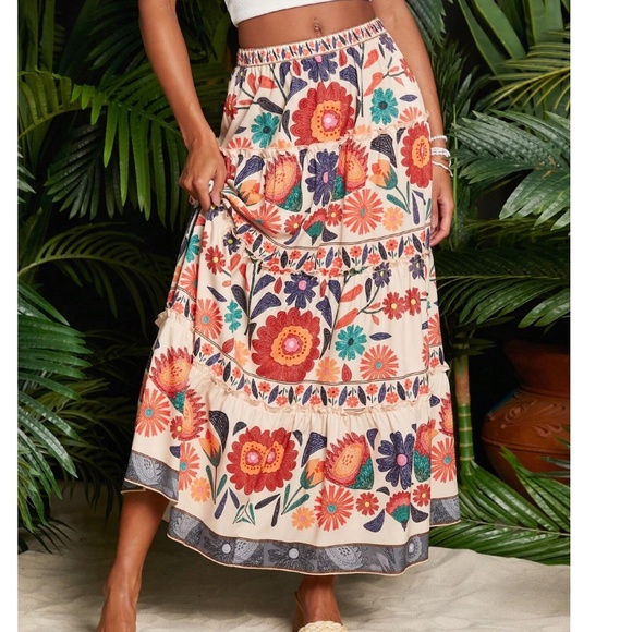 Boho Multicolor Stretchy High Waist Maxi Skirt - Picture 2 of 4